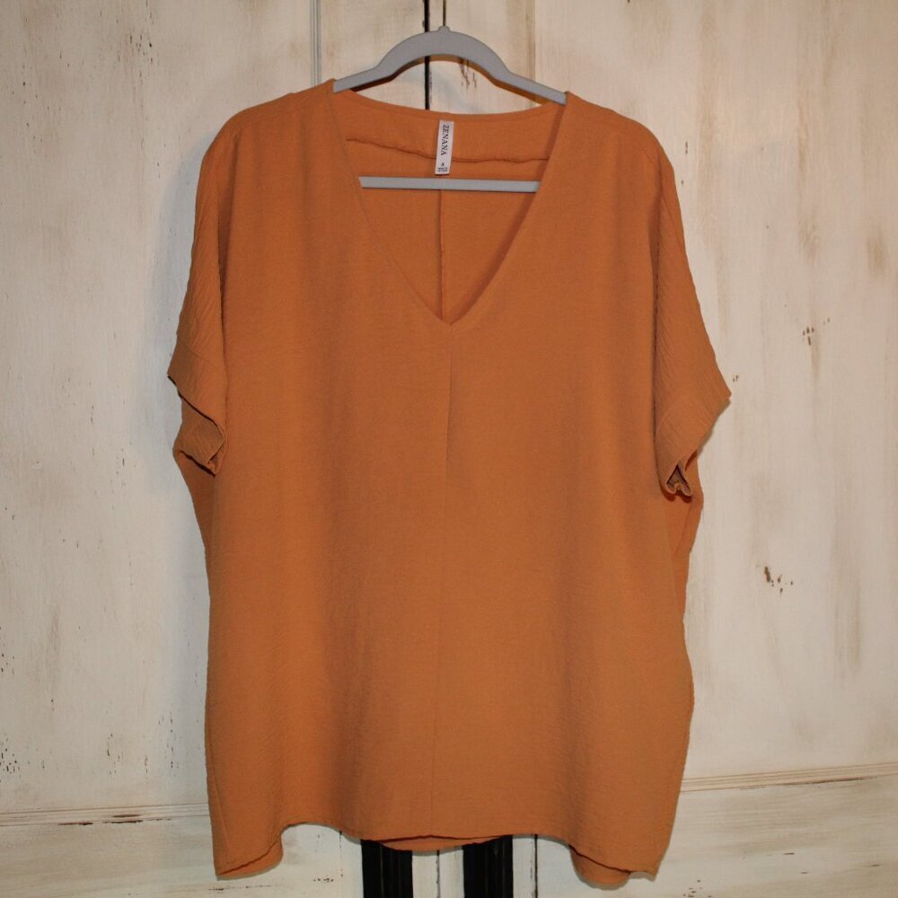Zenana orange‎ heavy dobby fabric v-neck rolled short-sleeve blouse S